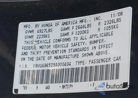 2009 Acura Tl 3.7 z USA, uszkodzony, nr VIN 19UUA96529A000404
